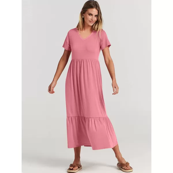 imageANRABESS Womens Summer Casual Short Sleeve V Neck Swing Dress Casual Flowy Tiered Maxi Beach Dress with PocketsPink