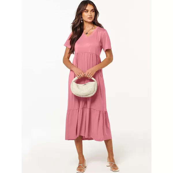 imageANRABESS Womens Summer Casual Short Sleeve V Neck Swing Dress Casual Flowy Tiered Maxi Beach Dress with PocketsPink