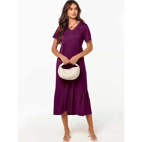 imageANRABESS Womens Summer Casual Short Sleeve V Neck Swing Dress Casual Flowy Tiered Maxi Beach Dress with PocketsPurple