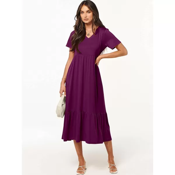 imageANRABESS Womens Summer Casual Short Sleeve V Neck Swing Dress Casual Flowy Tiered Maxi Beach Dress with PocketsPurple