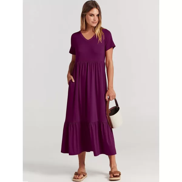 imageANRABESS Womens Summer Casual Short Sleeve V Neck Swing Dress Casual Flowy Tiered Maxi Beach Dress with PocketsPurple