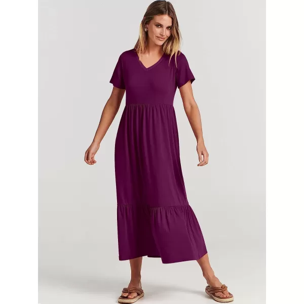 imageANRABESS Womens Summer Casual Short Sleeve V Neck Swing Dress Casual Flowy Tiered Maxi Beach Dress with PocketsPurple