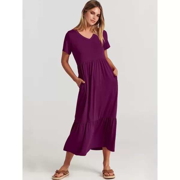 imageANRABESS Womens Summer Casual Short Sleeve V Neck Swing Dress Casual Flowy Tiered Maxi Beach Dress with PocketsPurple