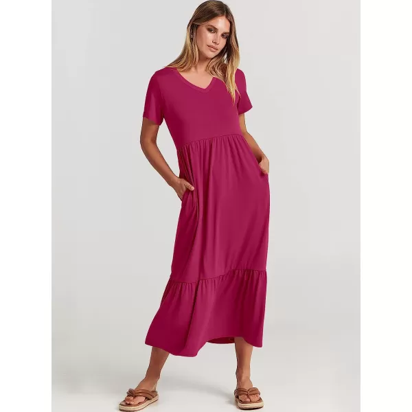 imageANRABESS Womens Summer Casual Short Sleeve V Neck Swing Dress Casual Flowy Tiered Maxi Beach Dress with PocketsRose