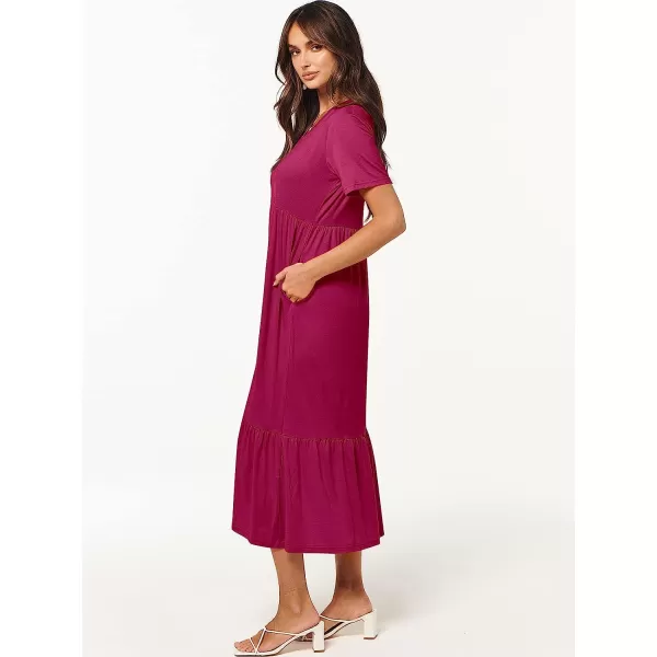 imageANRABESS Womens Summer Casual Short Sleeve V Neck Swing Dress Casual Flowy Tiered Maxi Beach Dress with PocketsRose