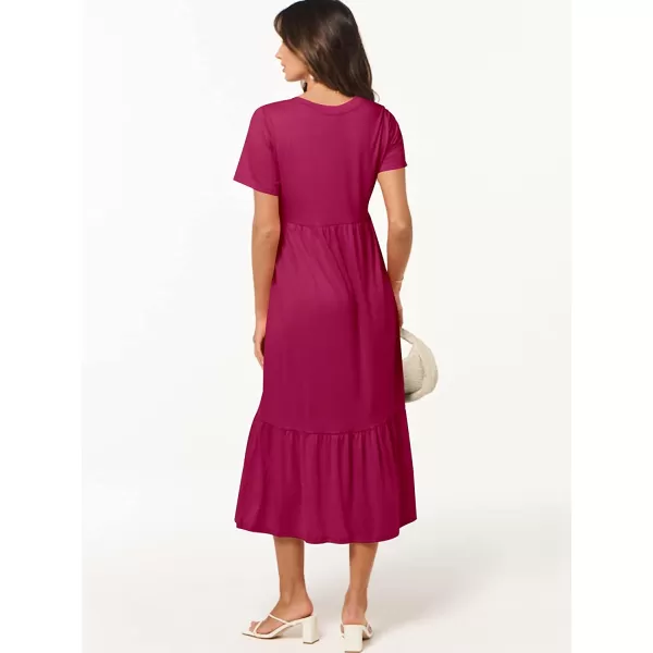imageANRABESS Womens Summer Casual Short Sleeve V Neck Swing Dress Casual Flowy Tiered Maxi Beach Dress with PocketsRose