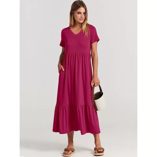 imageANRABESS Womens Summer Casual Short Sleeve V Neck Swing Dress Casual Flowy Tiered Maxi Beach Dress with PocketsRose