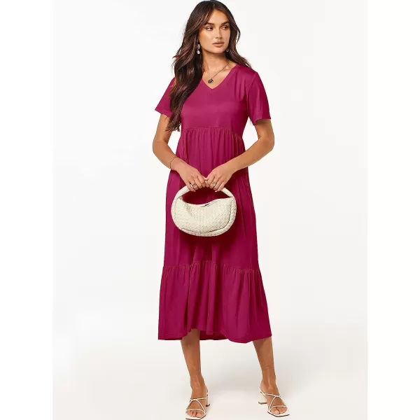 imageANRABESS Womens Summer Casual Short Sleeve V Neck Swing Dress Casual Flowy Tiered Maxi Beach Dress with PocketsRose