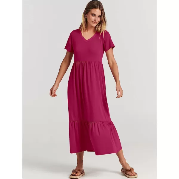 imageANRABESS Womens Summer Casual Short Sleeve V Neck Swing Dress Casual Flowy Tiered Maxi Beach Dress with PocketsRose