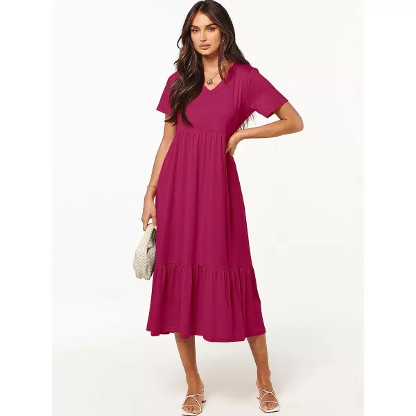 imageANRABESS Womens Summer Casual Short Sleeve V Neck Swing Dress Casual Flowy Tiered Maxi Beach Dress with PocketsRose
