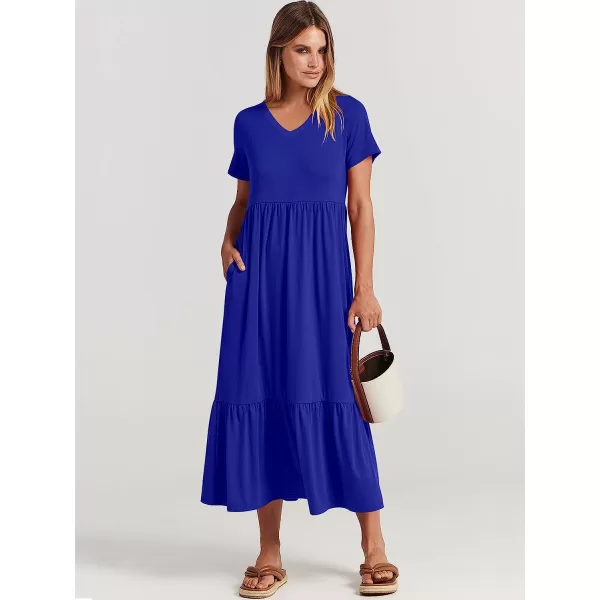 imageANRABESS Womens Summer Casual Short Sleeve V Neck Swing Dress Casual Flowy Tiered Maxi Beach Dress with PocketsRoyal Blue