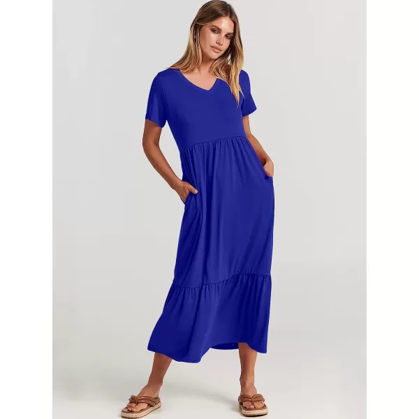 imageANRABESS Womens Summer Casual Short Sleeve V Neck Swing Dress Casual Flowy Tiered Maxi Beach Dress with PocketsRoyal Blue