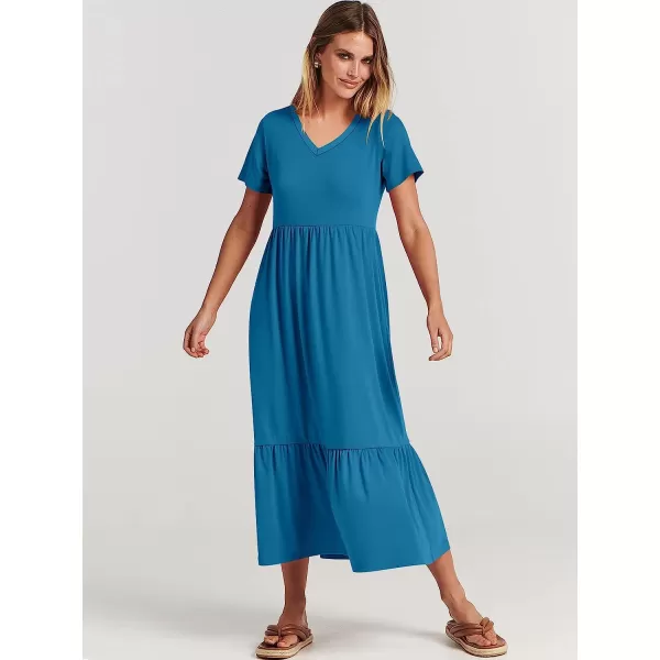 imageANRABESS Womens Summer Casual Short Sleeve V Neck Swing Dress Casual Flowy Tiered Maxi Beach Dress with PocketsSky Blue