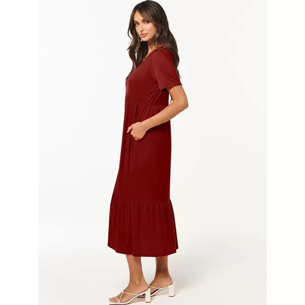 imageANRABESS Womens Summer Casual Short Sleeve V Neck Swing Dress Casual Flowy Tiered Maxi Beach Dress with PocketsWine Red