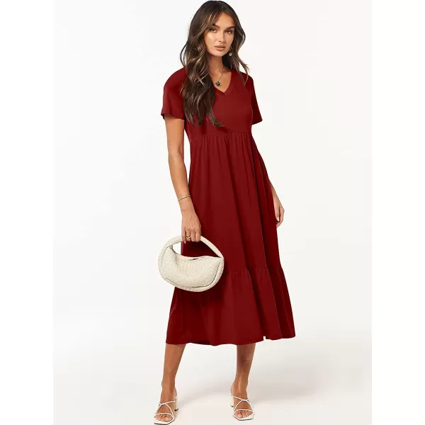 imageANRABESS Womens Summer Casual Short Sleeve V Neck Swing Dress Casual Flowy Tiered Maxi Beach Dress with PocketsWine Red