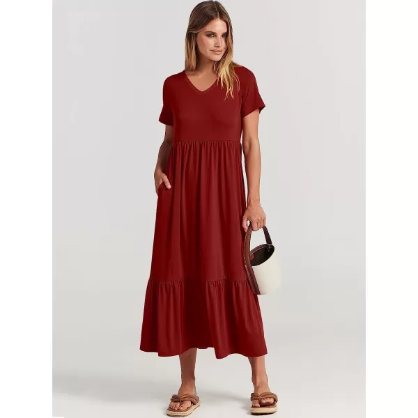 imageANRABESS Womens Summer Casual Short Sleeve V Neck Swing Dress Casual Flowy Tiered Maxi Beach Dress with PocketsWine Red