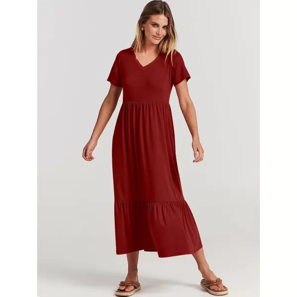 imageANRABESS Womens Summer Casual Short Sleeve V Neck Swing Dress Casual Flowy Tiered Maxi Beach Dress with PocketsWine Red