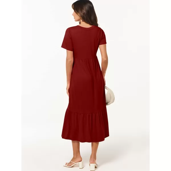 imageANRABESS Womens Summer Casual Short Sleeve V Neck Swing Dress Casual Flowy Tiered Maxi Beach Dress with PocketsWine Red
