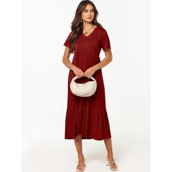 imageANRABESS Womens Summer Casual Short Sleeve V Neck Swing Dress Casual Flowy Tiered Maxi Beach Dress with PocketsWine Red