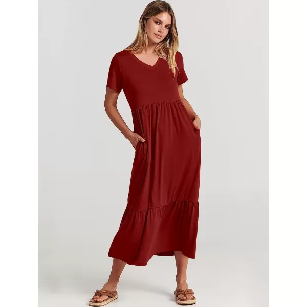imageANRABESS Womens Summer Casual Short Sleeve V Neck Swing Dress Casual Flowy Tiered Maxi Beach Dress with PocketsWine Red