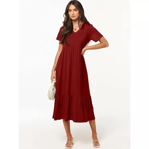 imageANRABESS Womens Summer Casual Short Sleeve V Neck Swing Dress Casual Flowy Tiered Maxi Beach Dress with PocketsWine Red