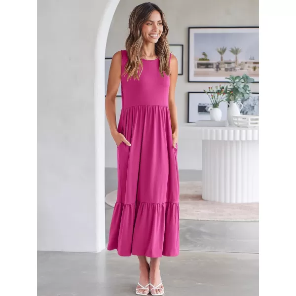 imageANRABESS Womens Summer Casual Sleeveless Crewneck Swing Sundress Fit amp Flare Flowy Tiered Maxi Dress with PocketsHot Pink
