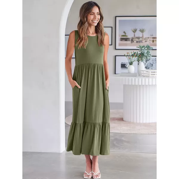 imageANRABESS Womens Summer Casual Sleeveless Crewneck Swing Sundress Fit amp Flare Flowy Tiered Maxi Dress with PocketsOlive