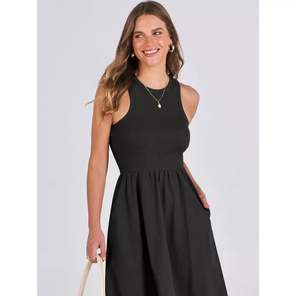 imageANRABESS Womens Summer Casual Sleeveless Midi Sundress Knit High Neck Tank Top Racerback Flowy Dresses with PocketsBlack