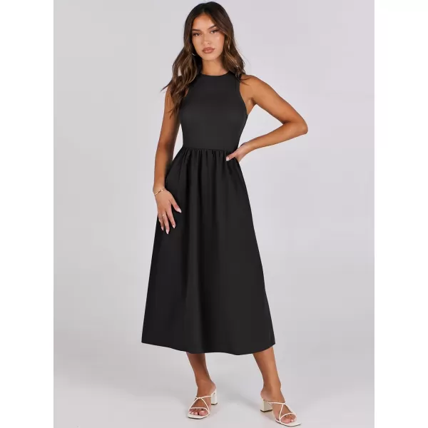 imageANRABESS Womens Summer Casual Sleeveless Midi Sundress Knit High Neck Tank Top Racerback Flowy Dresses with PocketsBlack