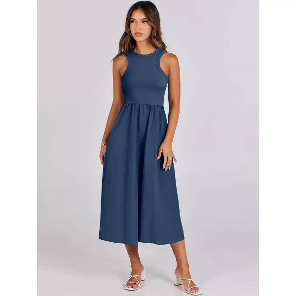 imageANRABESS Womens Summer Casual Sleeveless Midi Sundress Knit High Neck Tank Top Racerback Flowy Dresses with PocketsBlue