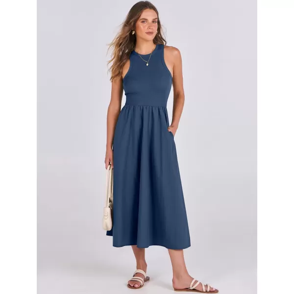 imageANRABESS Womens Summer Casual Sleeveless Midi Sundress Knit High Neck Tank Top Racerback Flowy Dresses with PocketsBlue