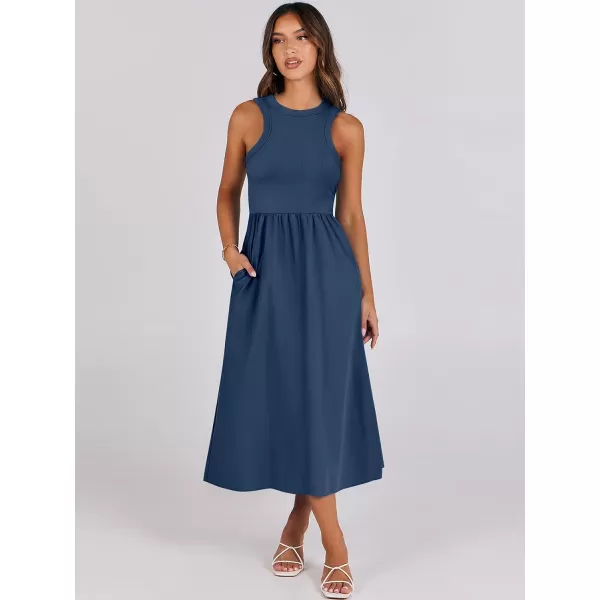 imageANRABESS Womens Summer Casual Sleeveless Midi Sundress Knit High Neck Tank Top Racerback Flowy Dresses with PocketsBlue