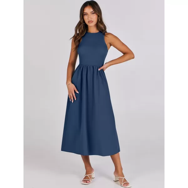 imageANRABESS Womens Summer Casual Sleeveless Midi Sundress Knit High Neck Tank Top Racerback Flowy Dresses with PocketsBlue