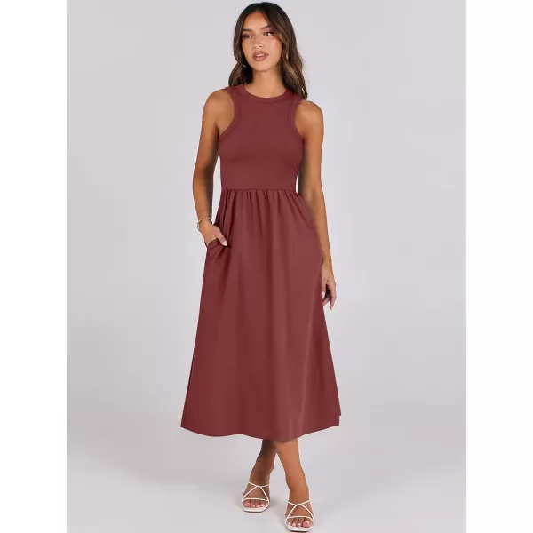 imageANRABESS Womens Summer Casual Sleeveless Midi Sundress Knit High Neck Tank Top Racerback Flowy Dresses with PocketsBrick Red