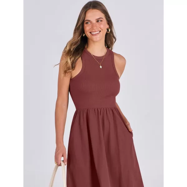 imageANRABESS Womens Summer Casual Sleeveless Midi Sundress Knit High Neck Tank Top Racerback Flowy Dresses with PocketsBrick Red