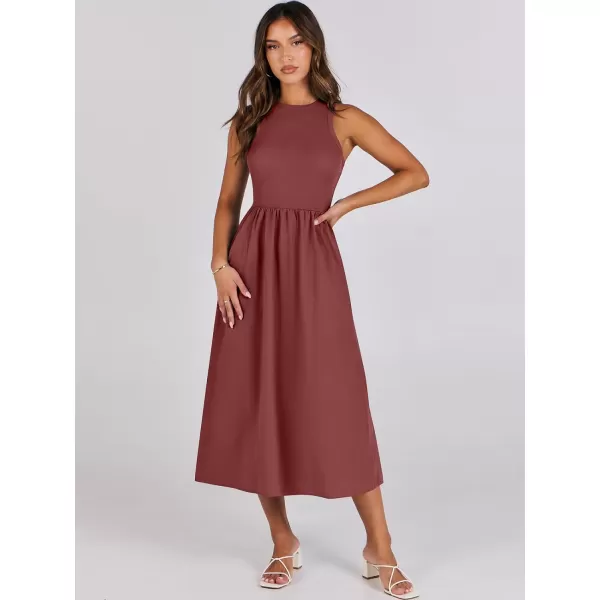 imageANRABESS Womens Summer Casual Sleeveless Midi Sundress Knit High Neck Tank Top Racerback Flowy Dresses with PocketsBrick Red