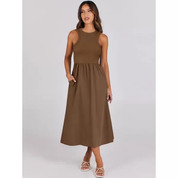 imageANRABESS Womens Summer Casual Sleeveless Midi Sundress Knit High Neck Tank Top Racerback Flowy Dresses with PocketsBrown