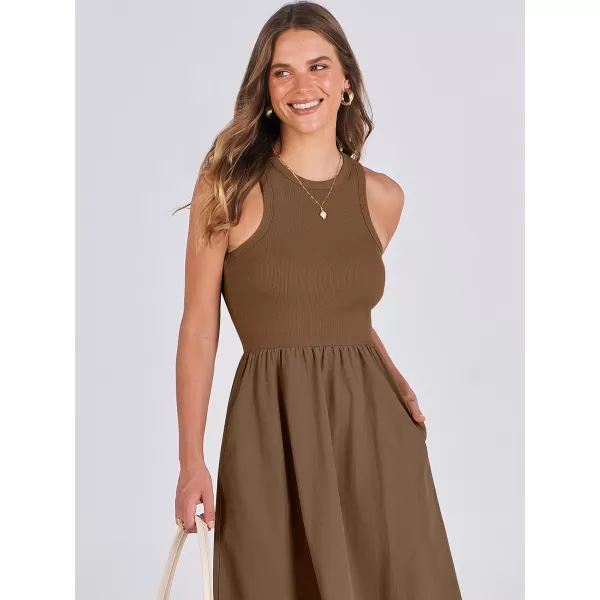 imageANRABESS Womens Summer Casual Sleeveless Midi Sundress Knit High Neck Tank Top Racerback Flowy Dresses with PocketsBrown