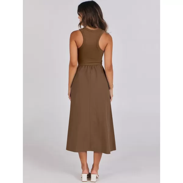 imageANRABESS Womens Summer Casual Sleeveless Midi Sundress Knit High Neck Tank Top Racerback Flowy Dresses with PocketsBrown
