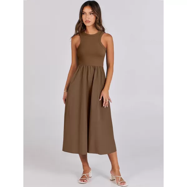 imageANRABESS Womens Summer Casual Sleeveless Midi Sundress Knit High Neck Tank Top Racerback Flowy Dresses with PocketsBrown