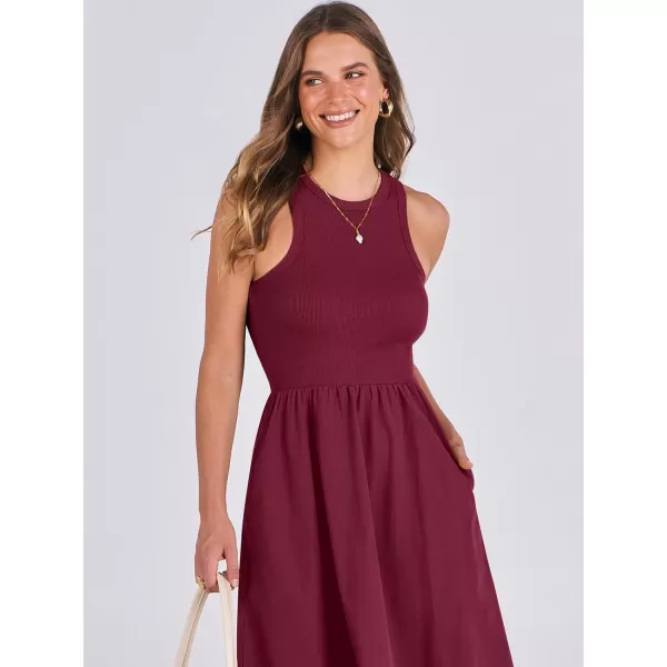 imageANRABESS Womens Summer Casual Sleeveless Midi Sundress Knit High Neck Tank Top Racerback Flowy Dresses with PocketsBurgundy
