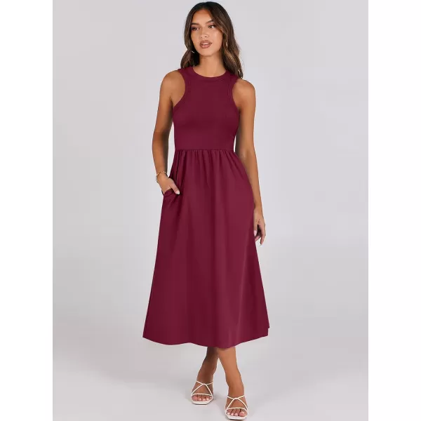 imageANRABESS Womens Summer Casual Sleeveless Midi Sundress Knit High Neck Tank Top Racerback Flowy Dresses with PocketsBurgundy