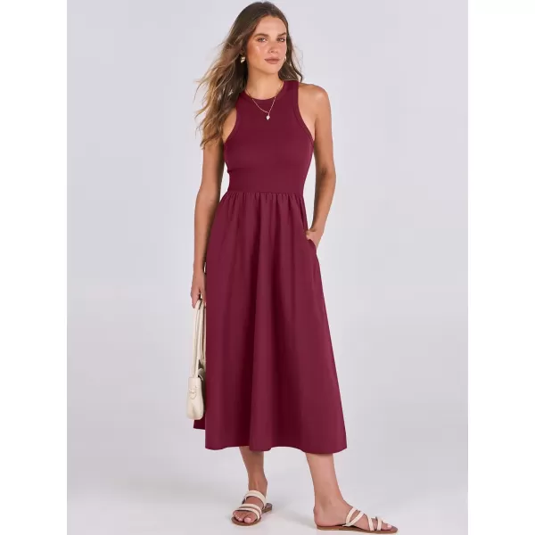 imageANRABESS Womens Summer Casual Sleeveless Midi Sundress Knit High Neck Tank Top Racerback Flowy Dresses with PocketsBurgundy