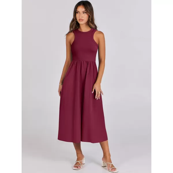 imageANRABESS Womens Summer Casual Sleeveless Midi Sundress Knit High Neck Tank Top Racerback Flowy Dresses with PocketsBurgundy