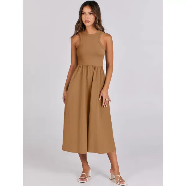 imageANRABESS Womens Summer Casual Sleeveless Midi Sundress Knit High Neck Tank Top Racerback Flowy Dresses with PocketsCaramel
