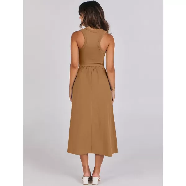 imageANRABESS Womens Summer Casual Sleeveless Midi Sundress Knit High Neck Tank Top Racerback Flowy Dresses with PocketsCaramel