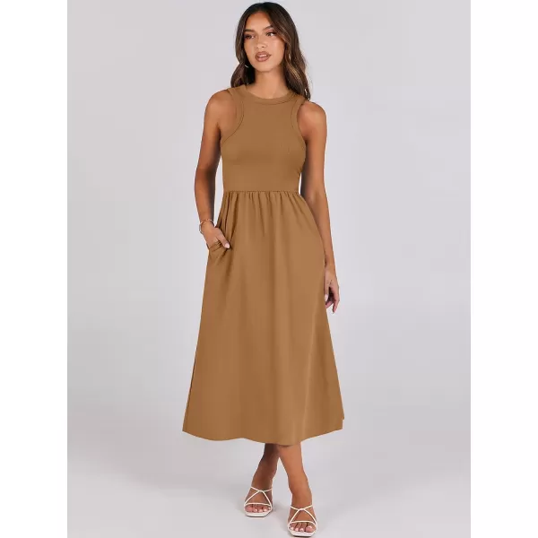 imageANRABESS Womens Summer Casual Sleeveless Midi Sundress Knit High Neck Tank Top Racerback Flowy Dresses with PocketsCaramel