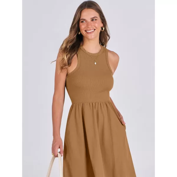 imageANRABESS Womens Summer Casual Sleeveless Midi Sundress Knit High Neck Tank Top Racerback Flowy Dresses with PocketsCaramel