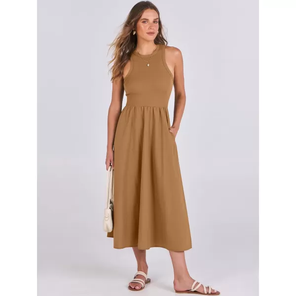 imageANRABESS Womens Summer Casual Sleeveless Midi Sundress Knit High Neck Tank Top Racerback Flowy Dresses with PocketsCaramel