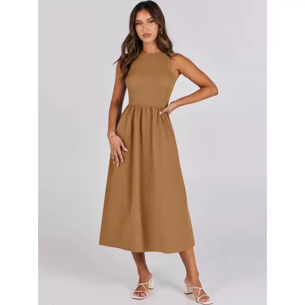 imageANRABESS Womens Summer Casual Sleeveless Midi Sundress Knit High Neck Tank Top Racerback Flowy Dresses with PocketsCaramel